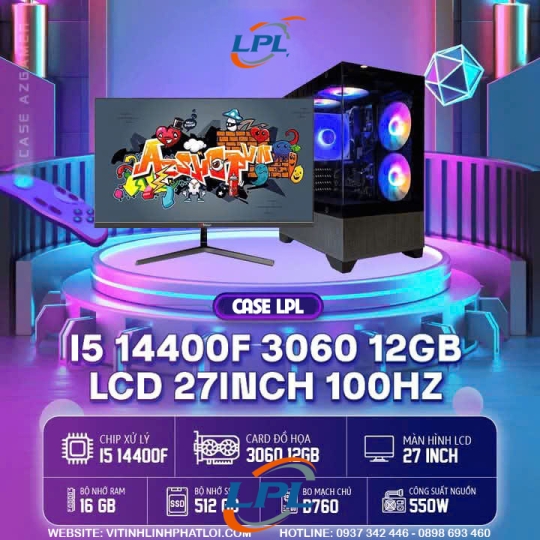 PC Gaming  | Intel i5 14400F, RTX 3060- 12G, B760, RAM 16GB, SSD 512GB, Nguồn 550W, Màn hình Lcd 27inch