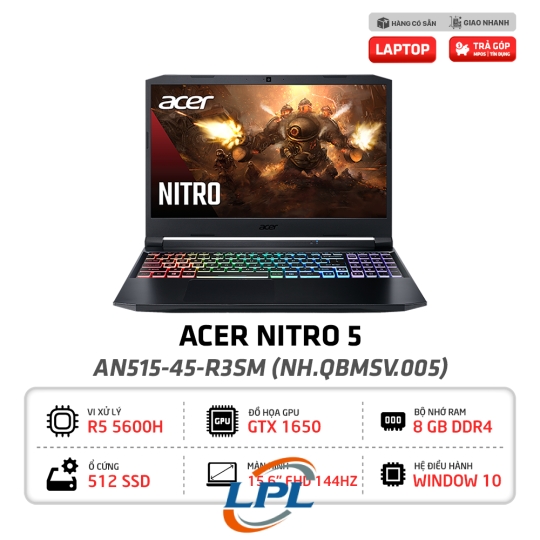 Laptop Acer Nitro 5 AN515-45-R3SM (N20C1_NH.QBMSV.005) R5-5600H | GTX 1650 4G | RAM 8G | SSD 512G | Win10 | 15.6 inch FHD IPS 144Hz | Đen 