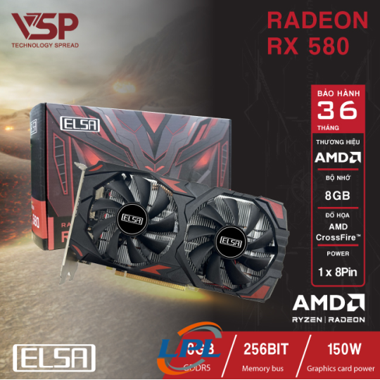 VGA RX 580 8G DR5 ELSA BLACK 2 FAN NEW